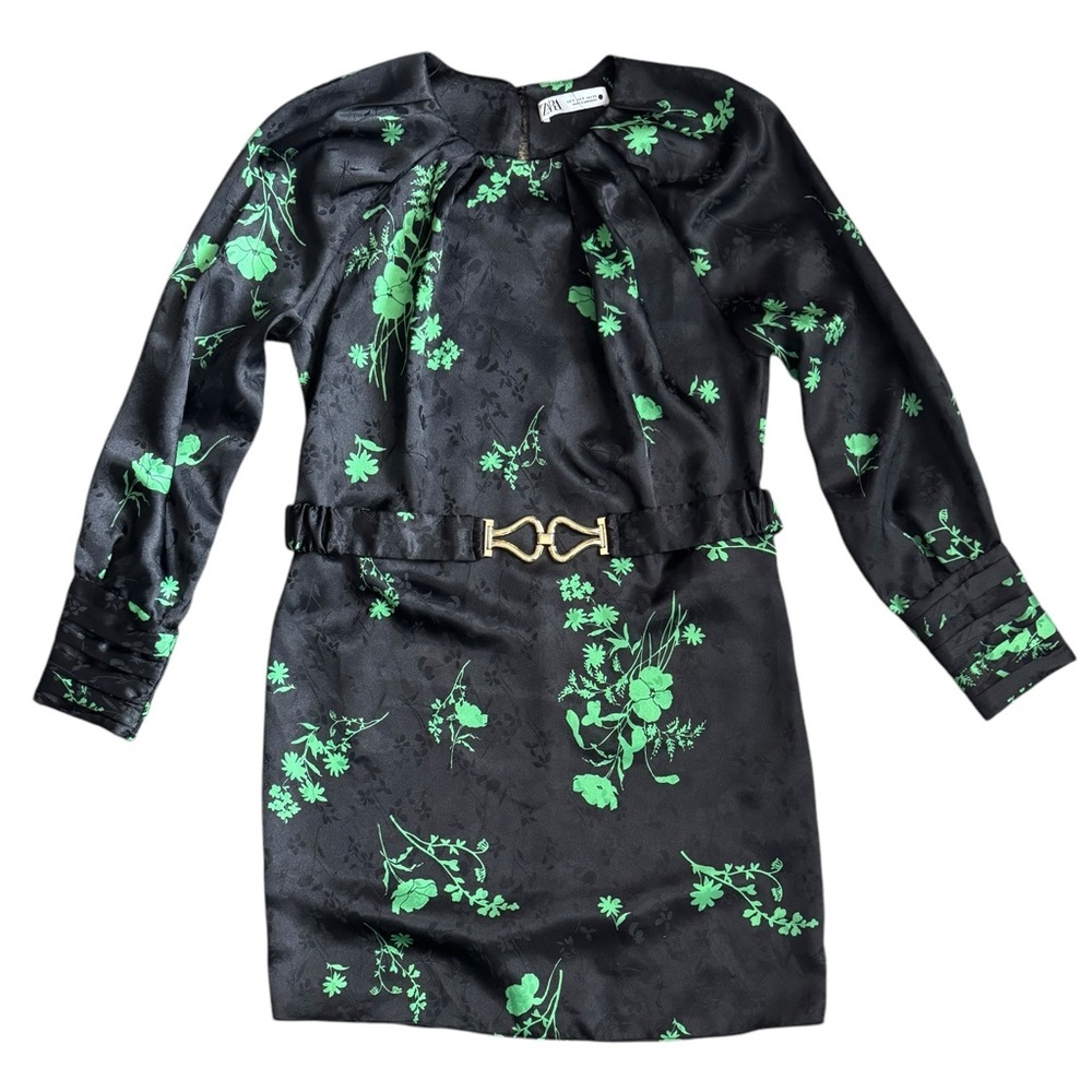 Zara Green Black Jacquard Floral Print Belted Mini Dress, Size S